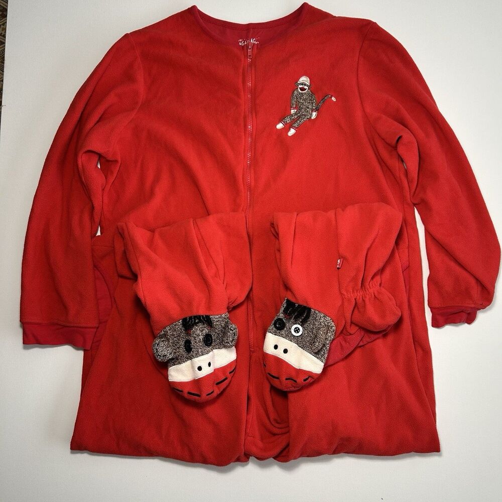 Sock Monkey Footie Fleece Adult Pajamas Pockets Zip Red Animal Sleepwear Large